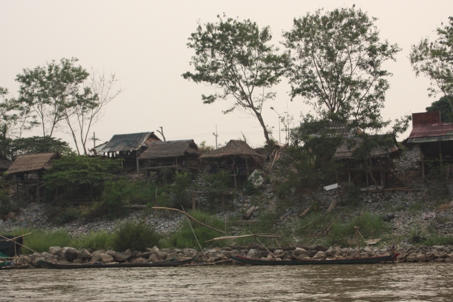 Fishing shacks on the banks of the Mekong.